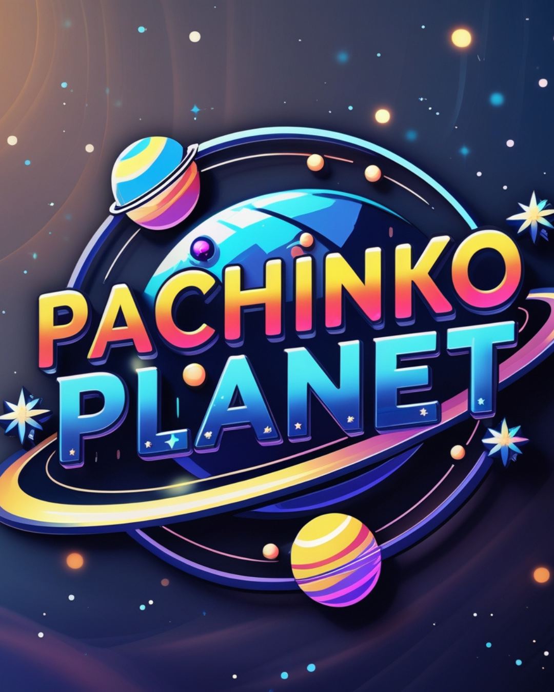 Colorful graphic with the words 'Pachinko Planet' in bold letters, set against a space-themed background with planets, stars, and swirling rings.