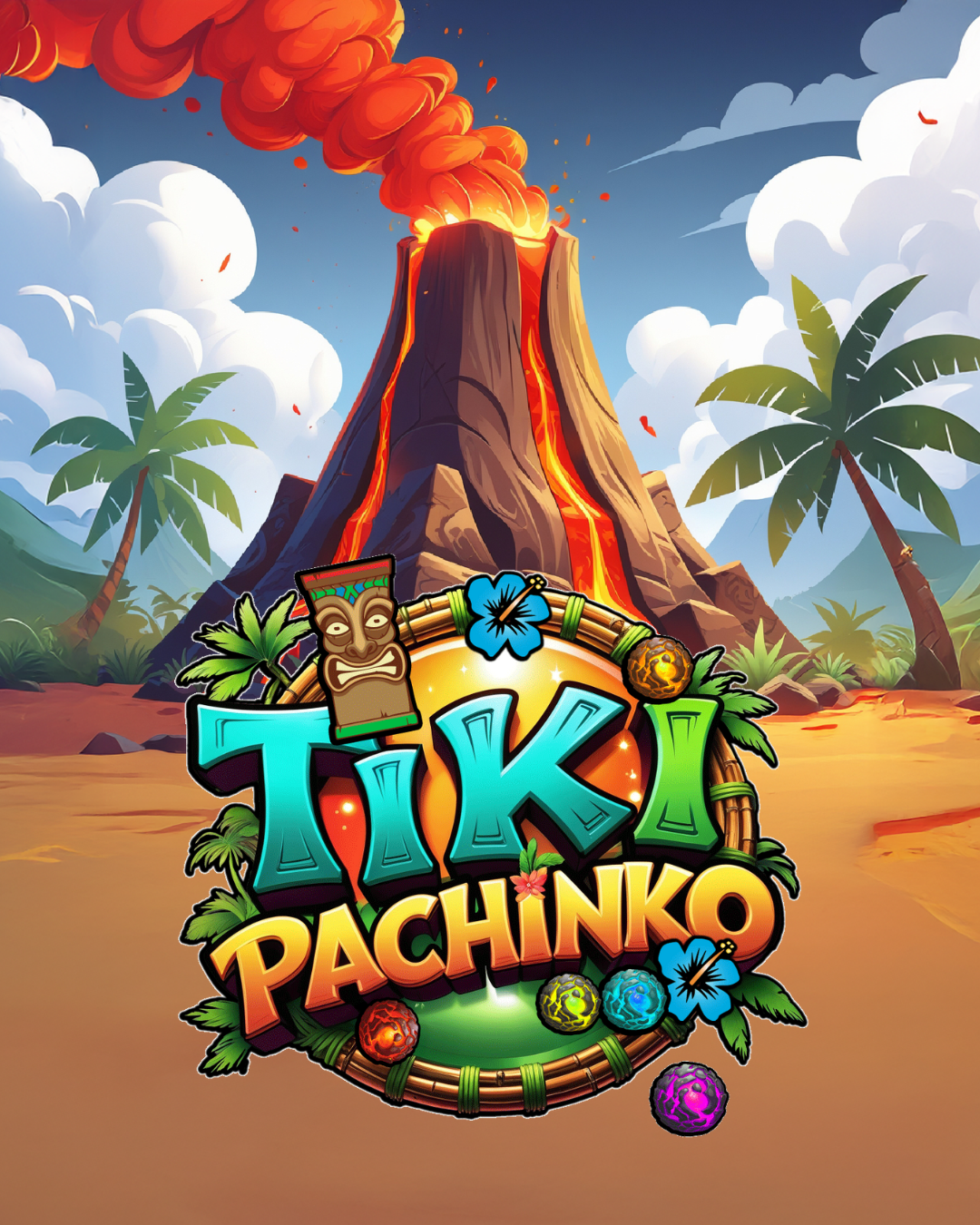 Colorful illustration of an erupting volcano with lava flowing down its sides, surrounded by palm trees and a bright sky with clouds. In the foreground is a vibrant logo for 'Tiki Pachinko' featuring tropical elements, tiki masks, and colorful marbles.