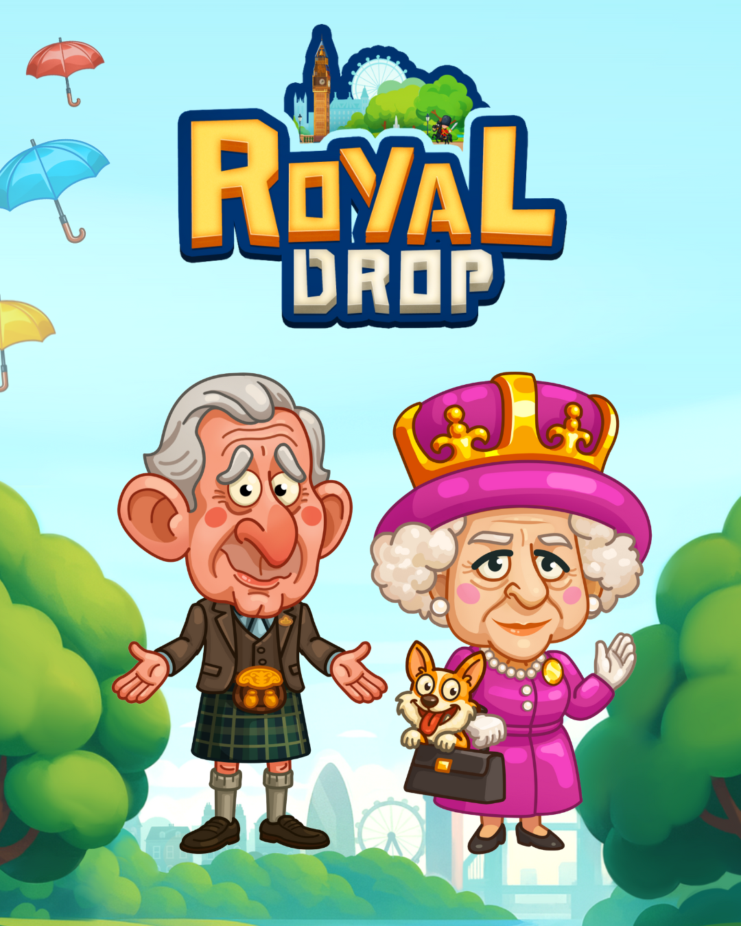 Cartoon characters of a man in traditional Scottish attire and a woman dressed as a queen, standing outdoors with trees and amusement park rides in the background, along with the title 'Royal Drop'.