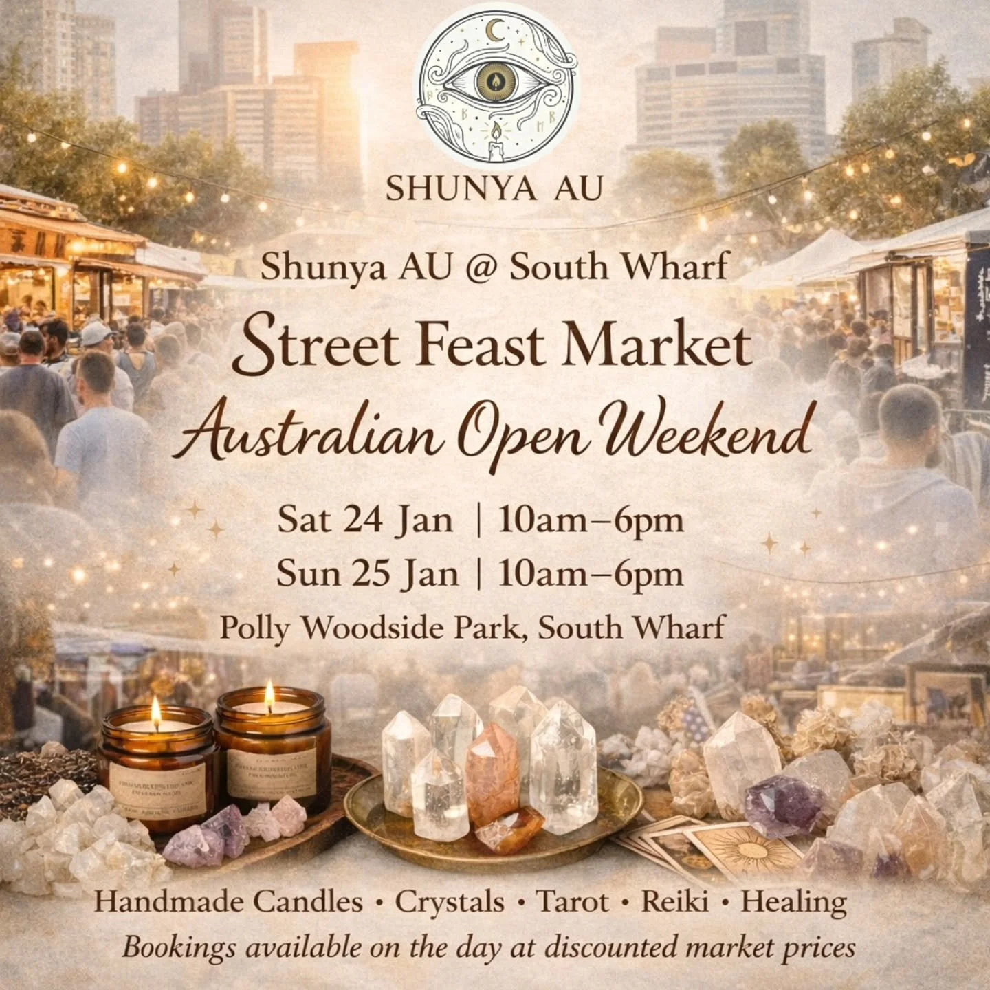 ✨ South Wharf, we&rsquo;re coming back! ✨

Shunya AU is popping up at Street Feast Market for an incredible Australian Open weekend filled with food, energy, and intention ✨

📍 Polly Woodside Park, South Wharf
🗓 Saturday 24 Jan | 10am &ndash; 6pm
?