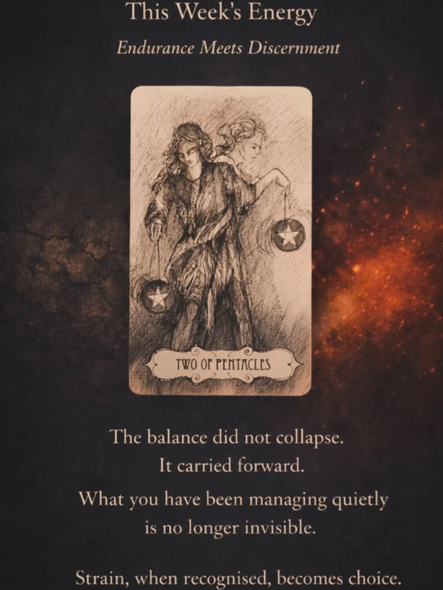 ✨️Weekly Energy✨️

Each week I begin with one question,How does the energy of the coming week stand?

This week, the answer came through three cards.

Two of Pentacles - sustaining what goes unrecognised.
Nine of Wands - standing guard where you have