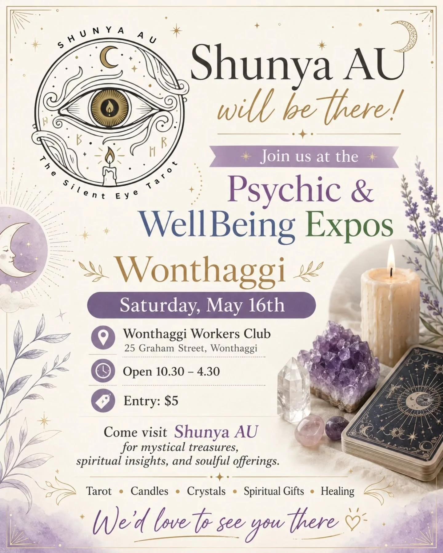 ✨ Shunya AU is coming to Wonthaggi! ✨

We&rsquo;re excited to be part of the Psychic &amp; WellBeing Expos this Saturday, May 16th at the Wonthaggi Workers Club.

Come visit our stall for a soulful day filled with mystical treasures, intuitive energy