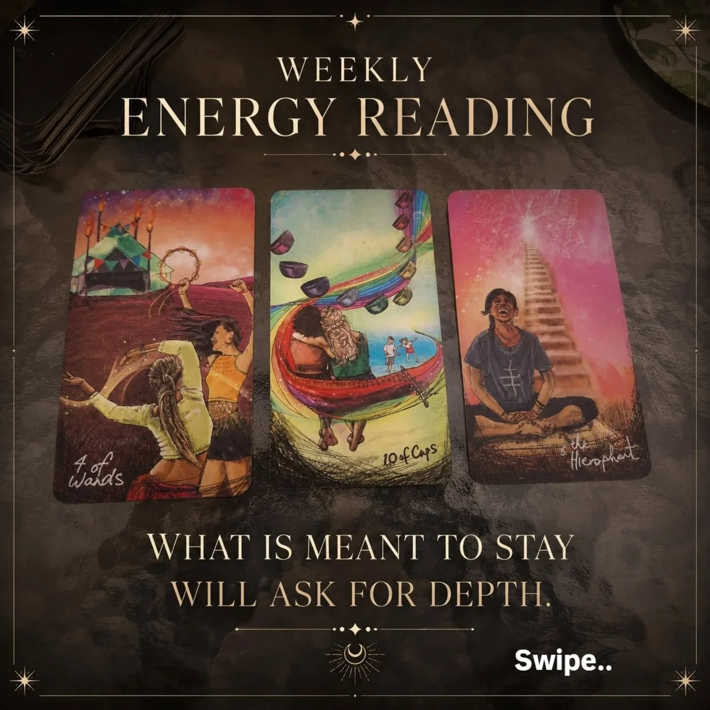 💛✨️Weekly Energy Reading💛✨️

This week carries a quieter kind of happiness.
Not loud. Not rushed.Something steadier is trying to form beneath the surface.

The Four of Wands speaks of alignment, support, and foundations that finally begin feeling s