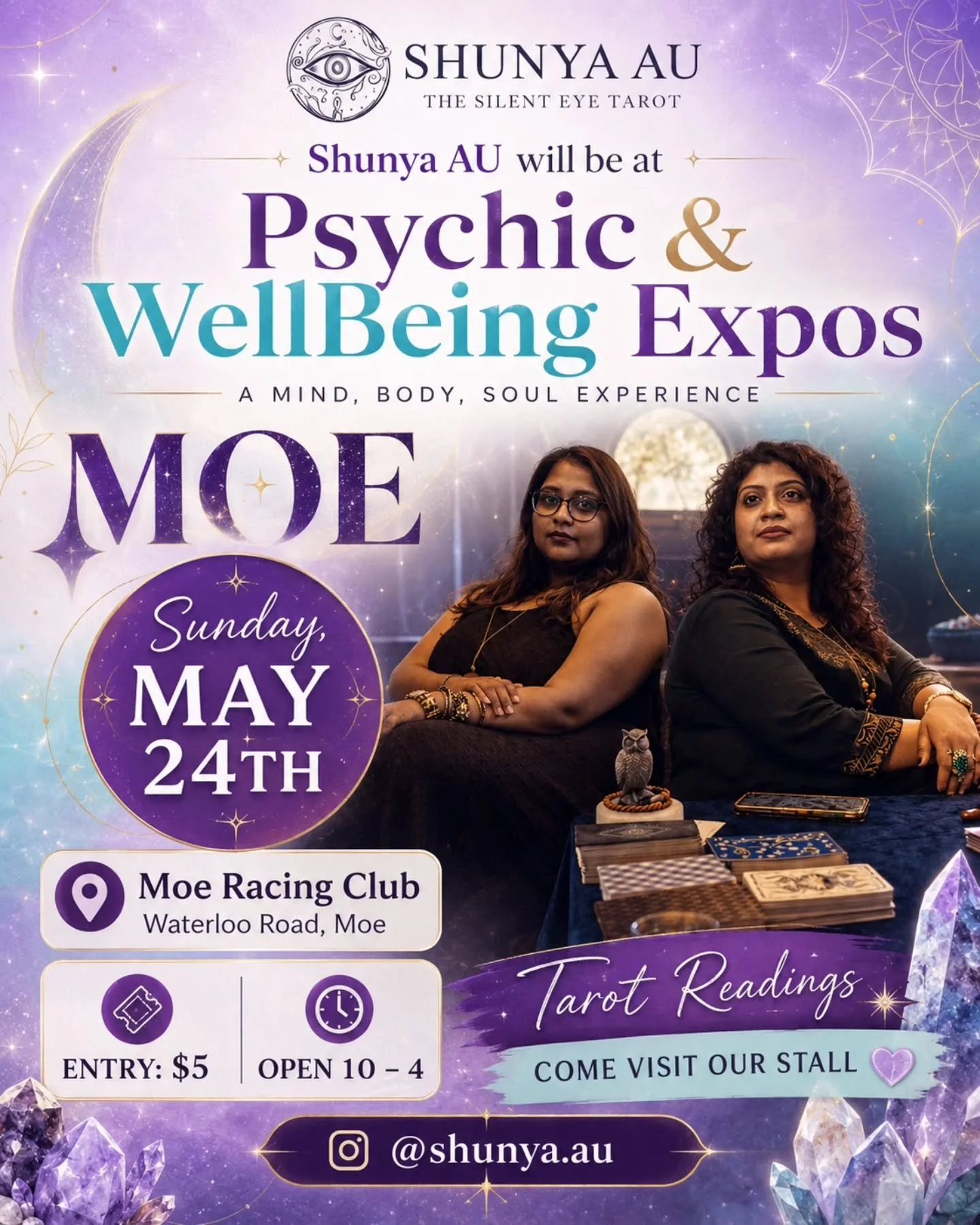 ✨ MOE, we&rsquo;re coming for you! ✨🔮
We&rsquo;re so excited to share that Shunya AU &ndash; The Silent Eye Tarot will be at the Psychic &amp; WellBeing Expo on Sunday, 24th May at the Moe Racing Club 💜
Come find us for Tarot Readings, intuitive gu
