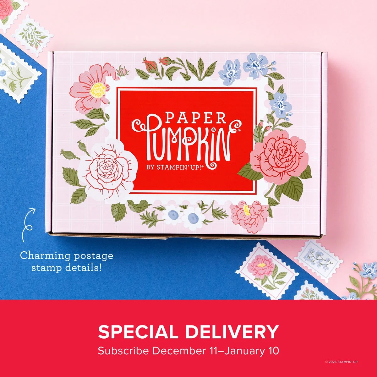 A box of Paper Pumpkin craft kit with floral designs, surrounded by wax stamps featuring botanical illustrations, on a pink and blue background with a red banner at the bottom promoting a special delivery subscription.