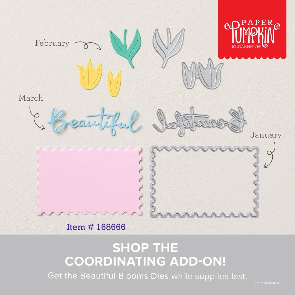 Collection of die-cut shapes and words for paper crafting, including February flowers, March flower, the word 'Beautiful,' the word 'Love,' and January frame, with promotional text for coordinating add-on dies.