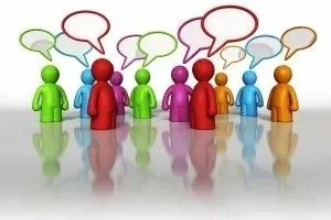 Group of colorful 3D human figures with speech bubbles above their heads