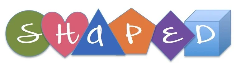 The word 'shaped' spelled out with each letter inside a different geometric shape in a colorful, playful style.
