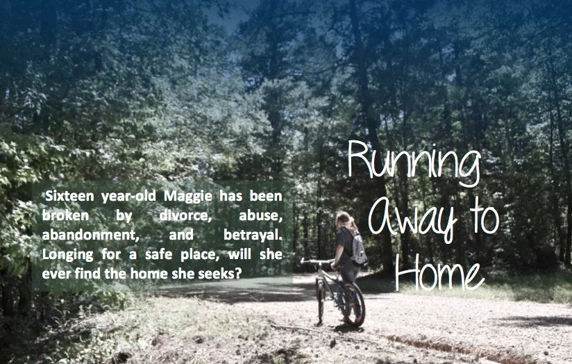 A girl riding a bicycle on a path through a wooded area with sunlight filtering through trees, with overlaid text about a girl named Maggie seeking a safe place.