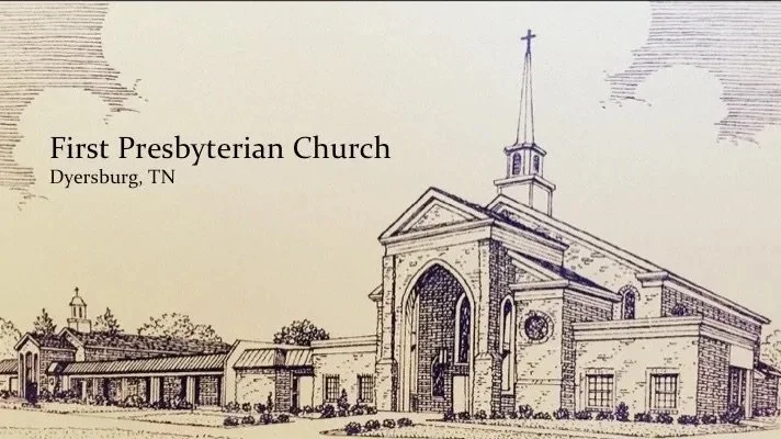 A hand-drawn architectural illustration of First Presbyterian Church in Dyersburg, Tennessee, featuring a large church building with a prominent bell tower and cross on top.