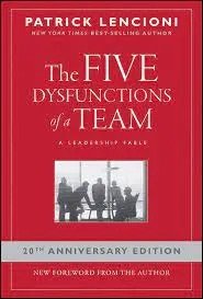 Cover of the book titled 'The Five Dysfunctions of a Team' by Patrick Lencioni, 20th anniversary edition with a red background and a black and white photo of people in a meeting.