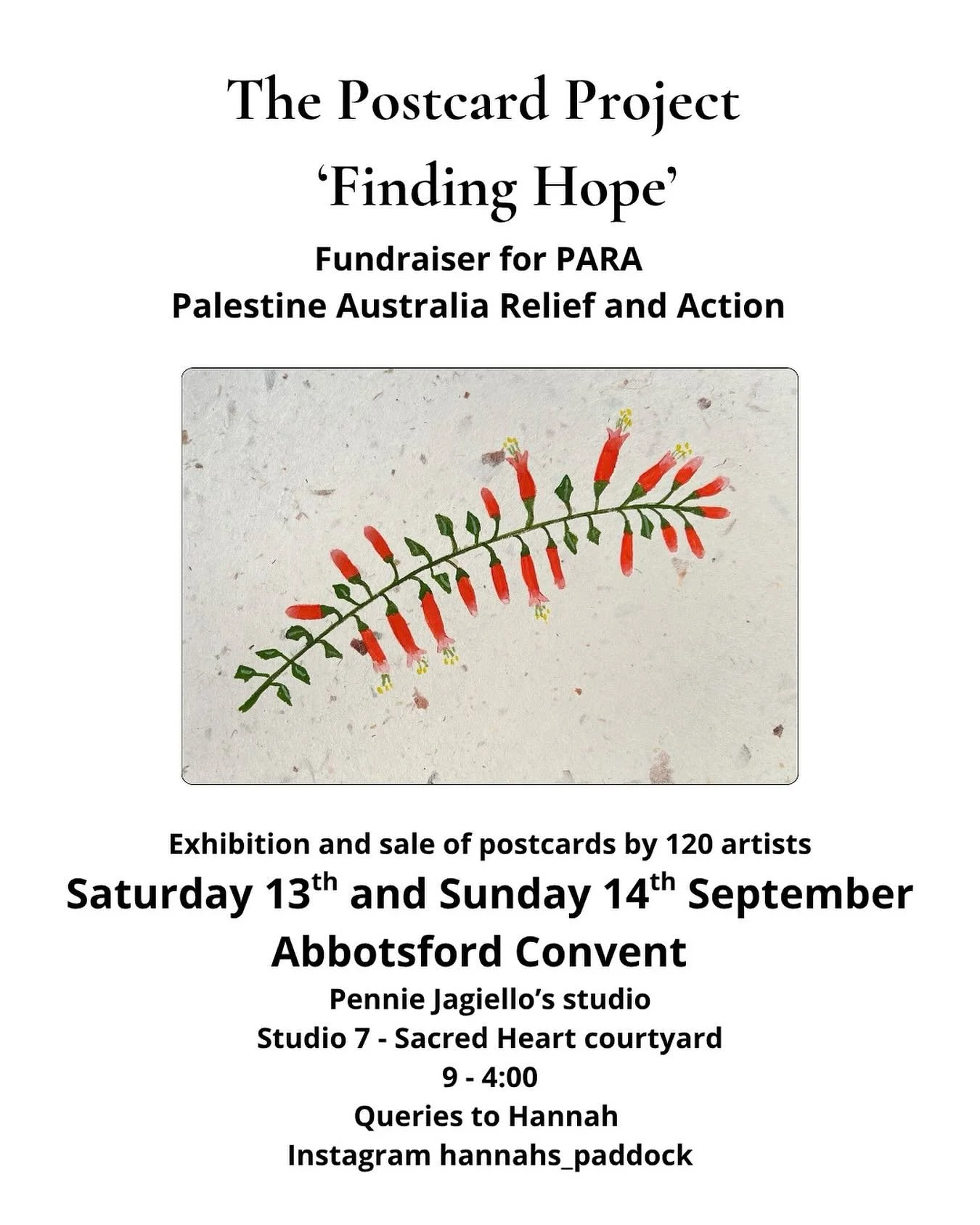 If you live in or around Melbourne, save the date for this exhibition of artists postcards to raise funds for this much needed cause.
I am honored to have two postcards in this show.
@hannahs_paddock
@para.foundation 
.
#gaza #palestine #fundraiser #