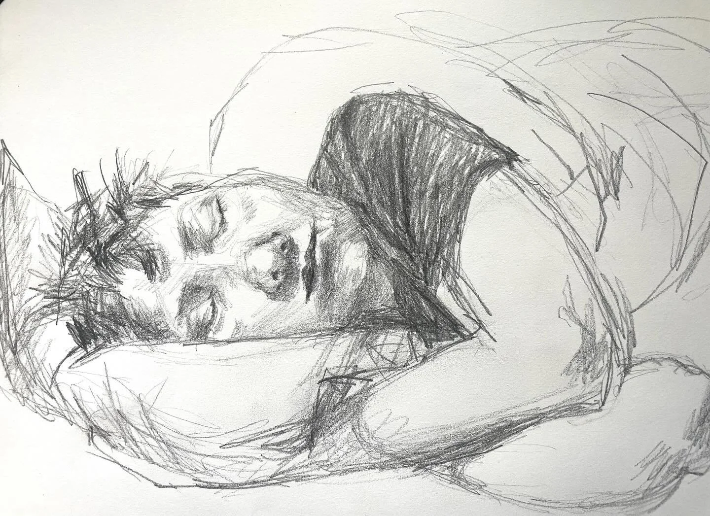 Pencil drawing of my grandson 12 year old Remy (who  looks a bit older in my sketch) sleeping off a busy, busy few days. 

His father, my son @dingospender @mamakinspender&rsquo;s song from  their new album #promises &lsquo;We are the Water&rsquo;.

