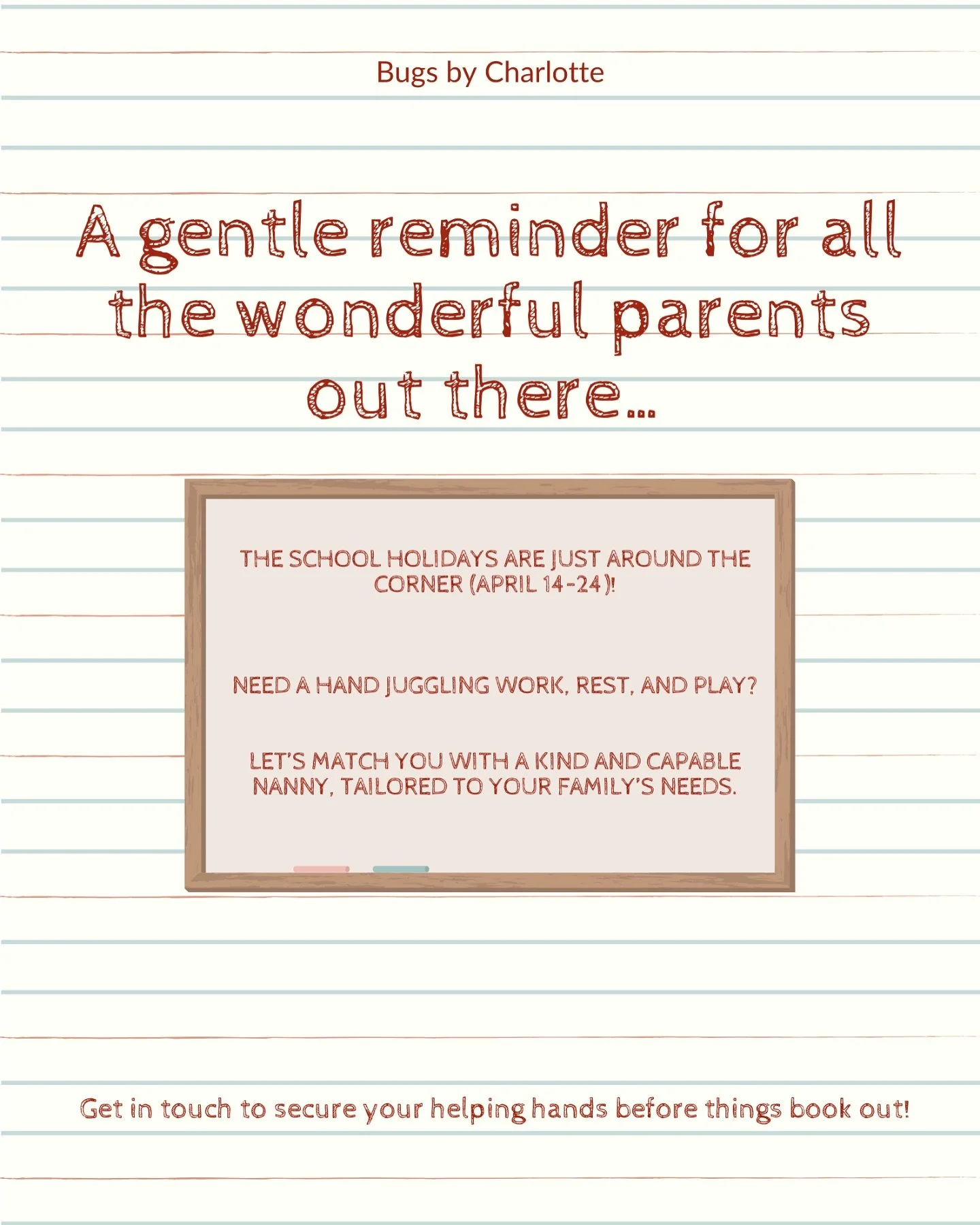 A gentle reminder for all the wonderful parents out there&hellip; The school holidays are just around the corner (April 14&ndash;24)! 

Need a hand juggling work, rest, and play?

Let&rsquo;s match you with a kind and capable nanny, tailored to your 