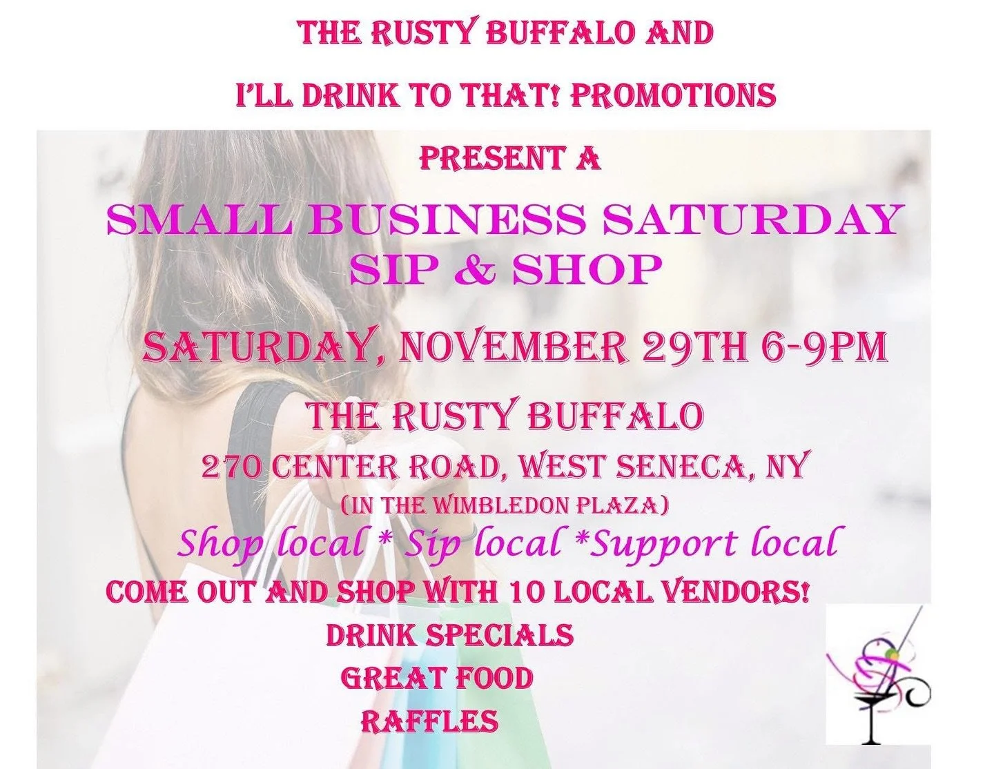 Join us at our next event on Sat. 11/29! 🎁

We will be at The Rusty Buffalo for their Small Business Saturday Sip &amp; Shop!

Enjoy drink specials, great food, raffles, and of course, shopping!