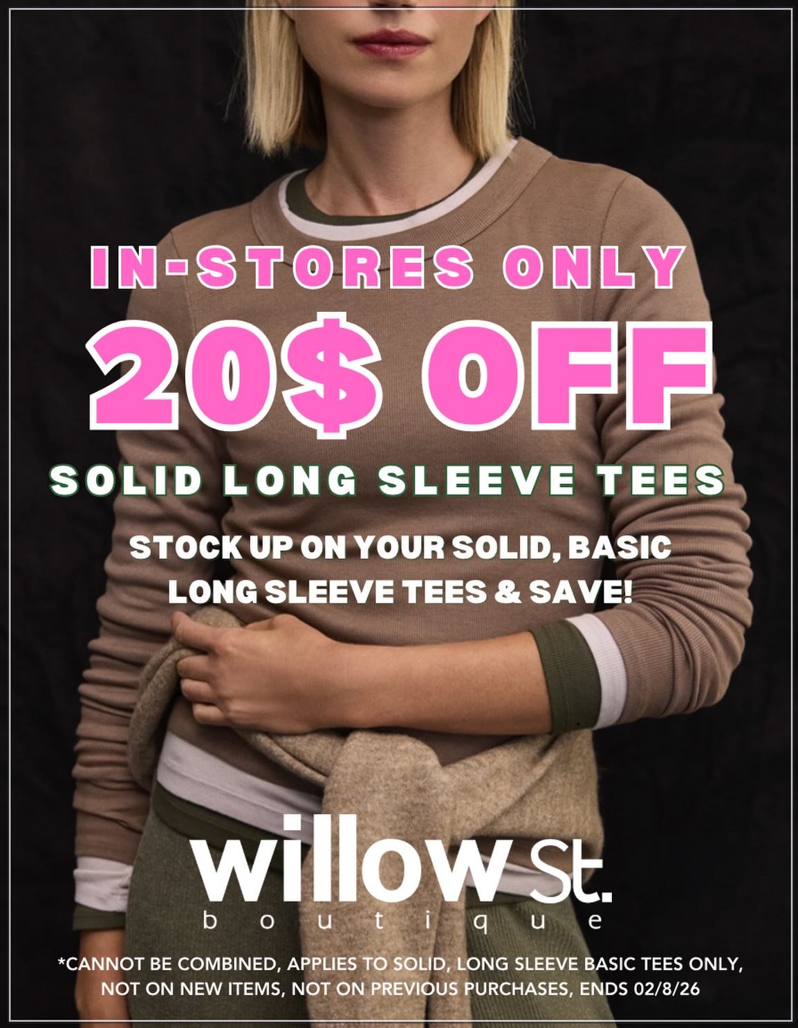 Your everyday essential just got better.

Take $20 off solid, long sleeve basic tees and stock up on the pieces you live in all season long. 

These are the layering staples you reach for on repeat, and now is the time to grab a few.

In-stores only 