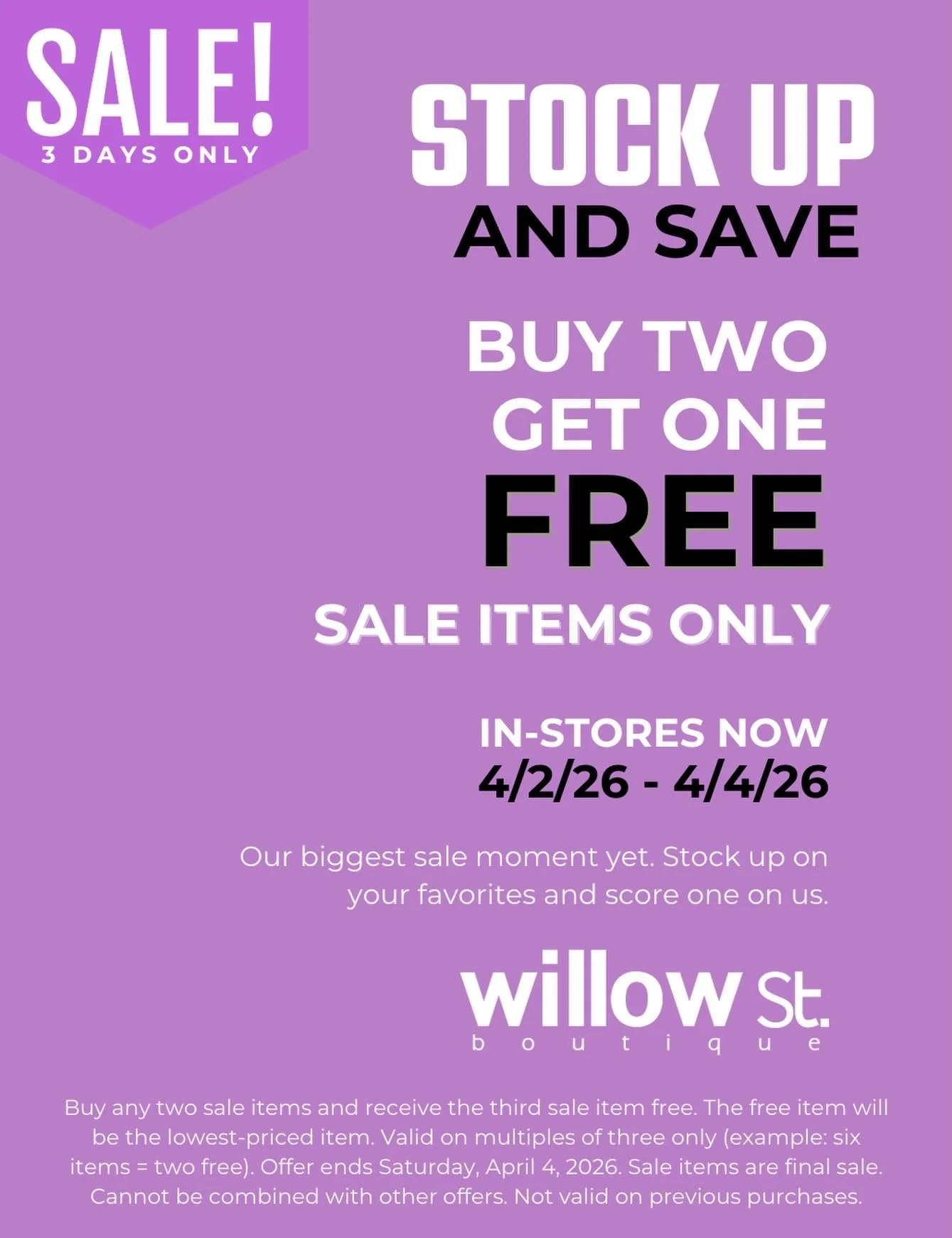 Stock up and save ✨

Buy 2 sale items, get 1 free. The perfect excuse to grab those pieces you&rsquo;ve been eyeing and add a little extra to your wardrobe.

In-stores now through 4/4!

Summit 908-277-3334
Morristown 973-267-6510

#shopwillowst #njsh
