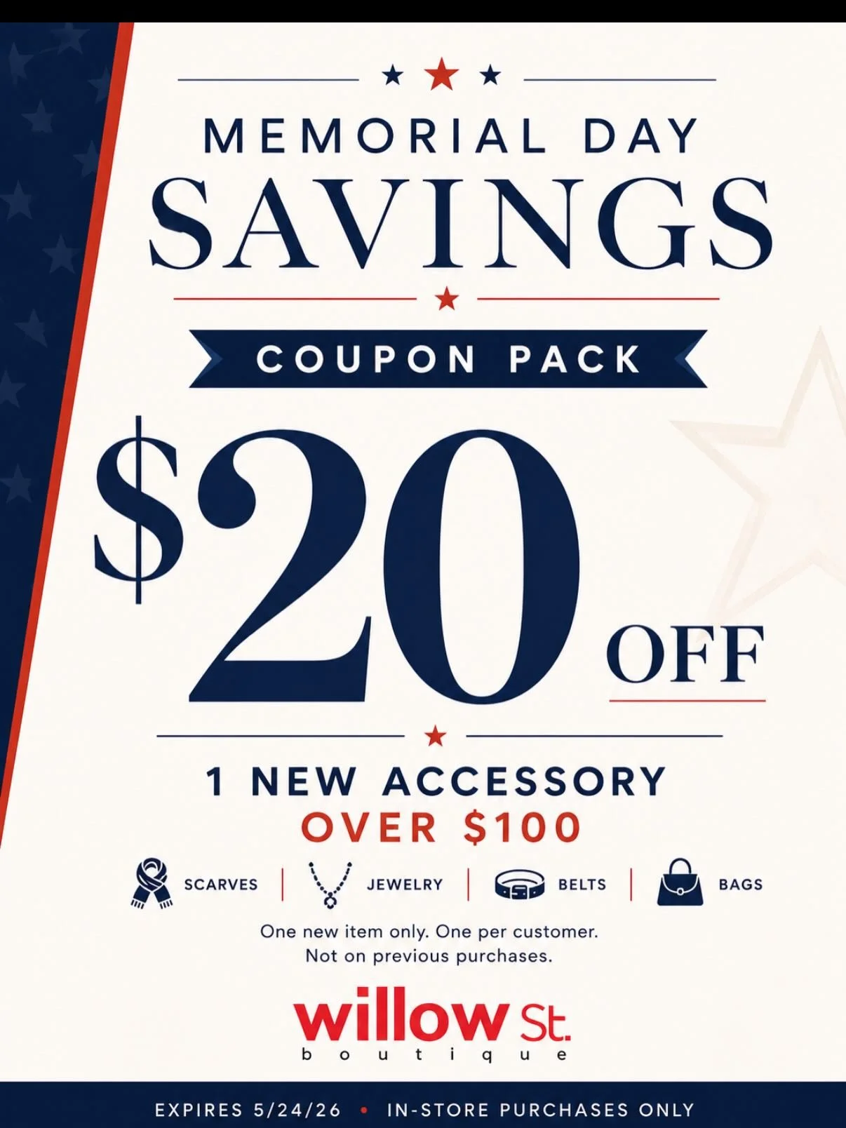 Memorial Day savings are here ❤️🤍💙

&bull; $20 OFF one new accessory over $100
(scarves, jewelry, belts + bags)
&bull; Take an additional $5 OFF every sale item
&bull; $25 OFF one new clothing item over $150

The perfect time to refresh your closet