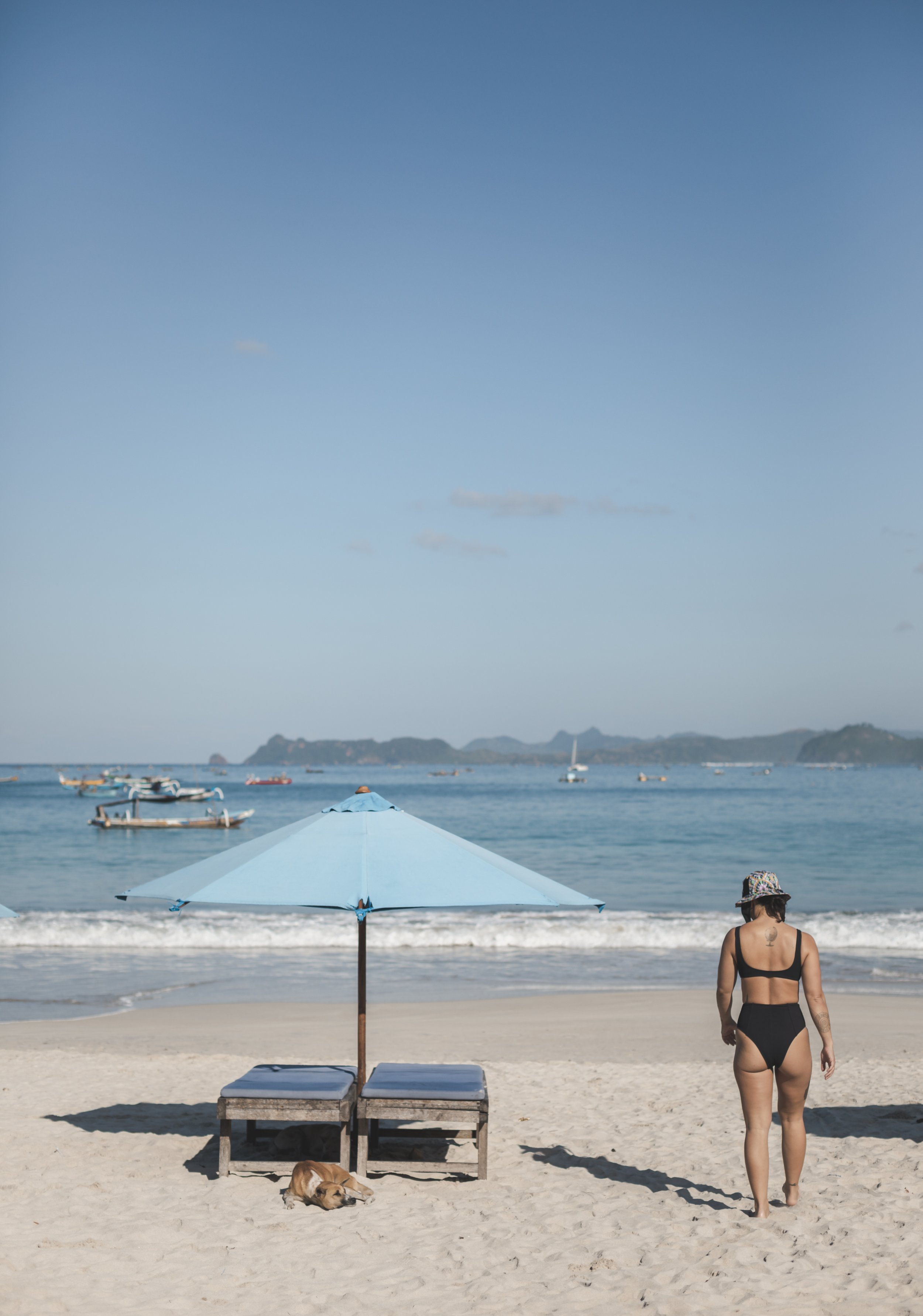 Woman in black swimsuit and hat walking on sandy beach toward the ocean, with a dog lying under a blue beach umbrella and several boats in the water