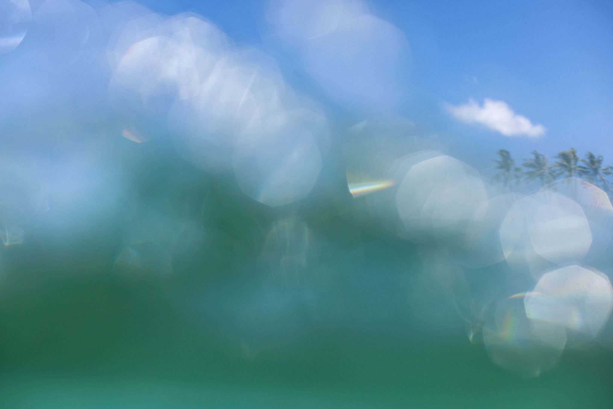 Blurred image of the ocean with waves and a small island with palm trees in the distance under a blue sky.