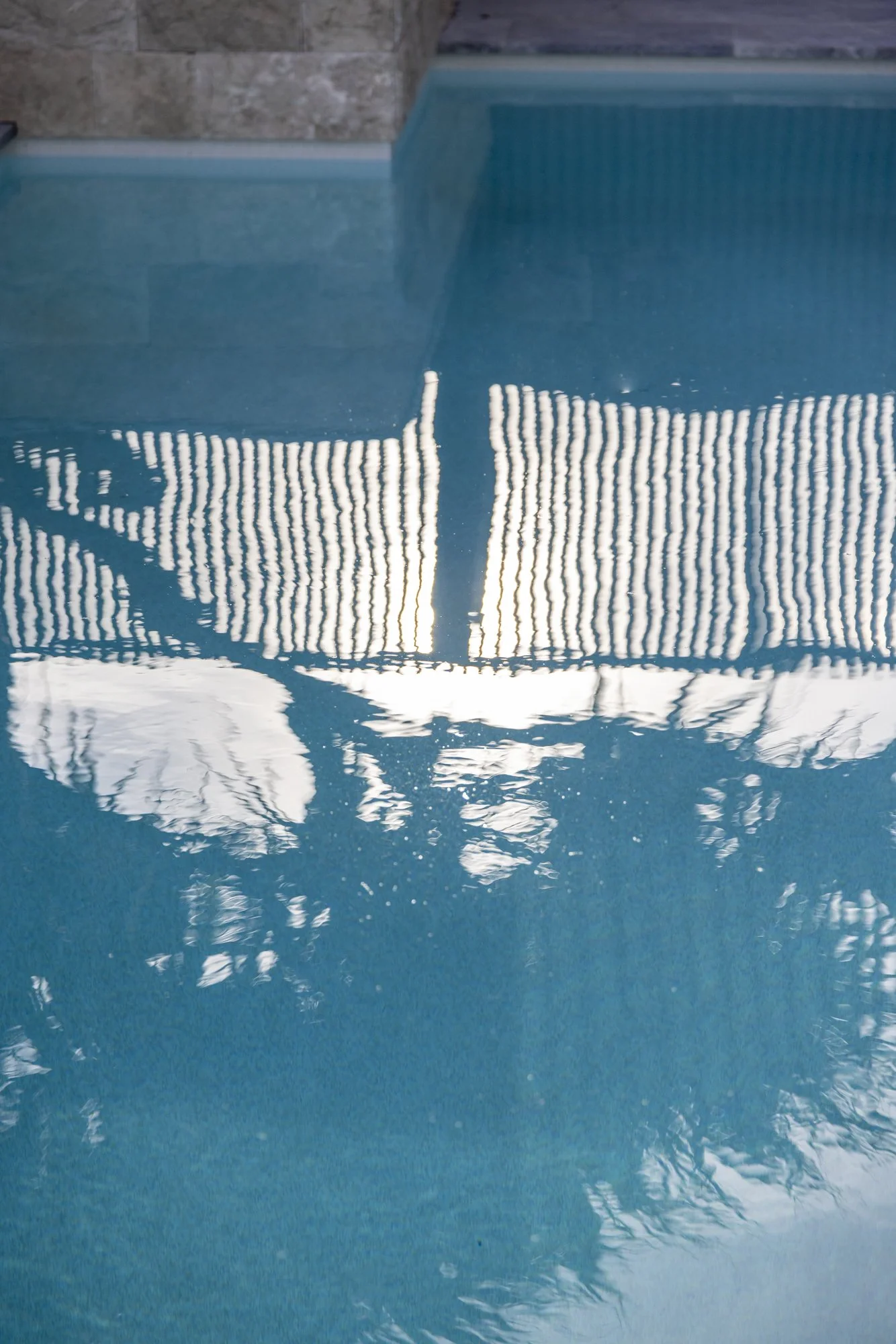 Reflection of a fence and trees in a swimming pool with a blue tile edge.