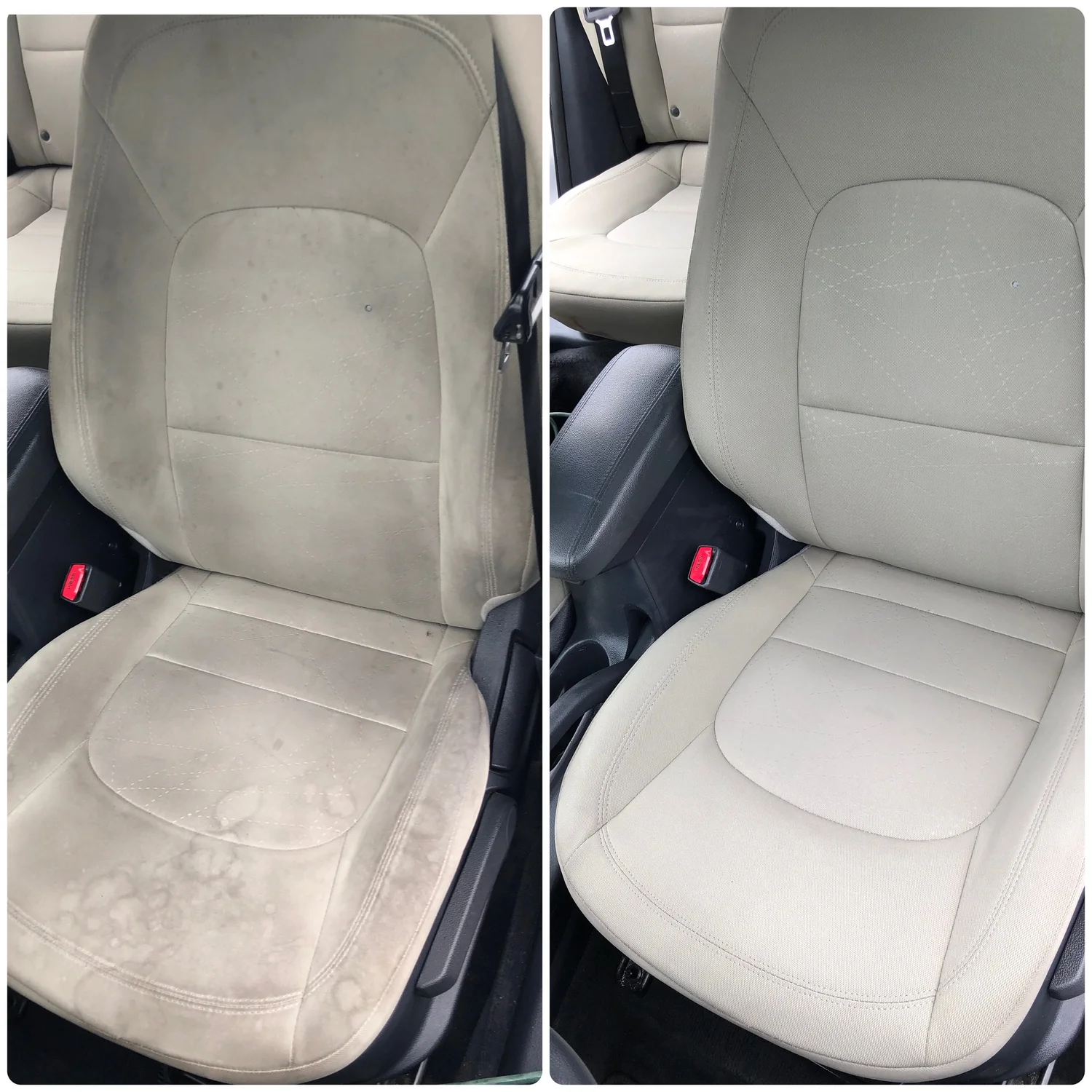 Asiento de vehículo antes y después de la limpieza