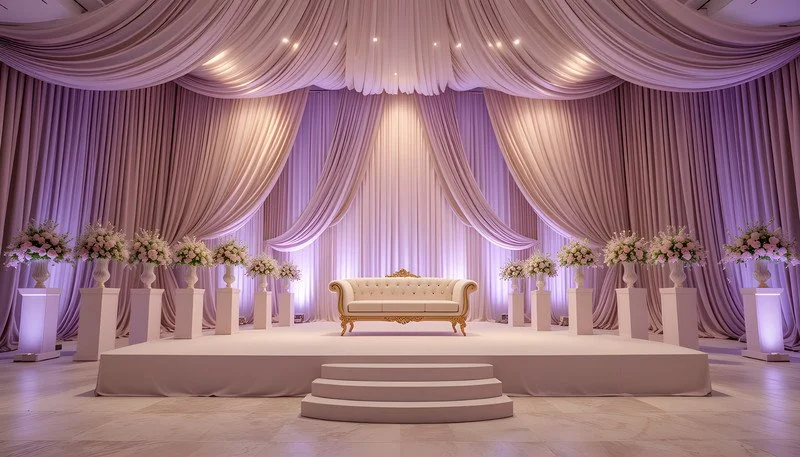 Wedding stage with a white couch, surrounded by flower arrangements and draped lavender curtains with soft lighting.