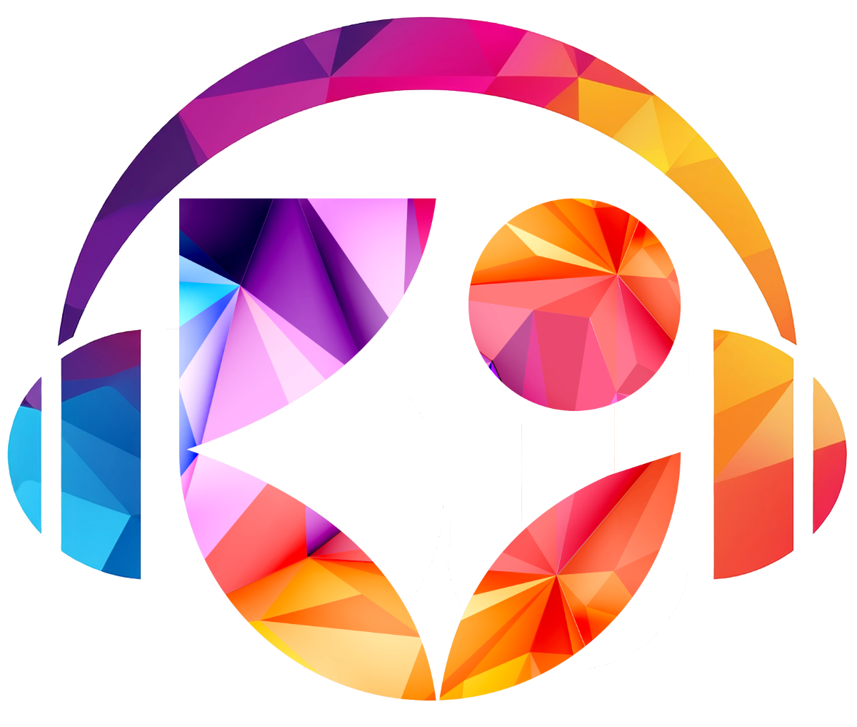 Abstract colorful geometric pattern with triangles and polygons in shades of purple, pink, orange, red, and blue.