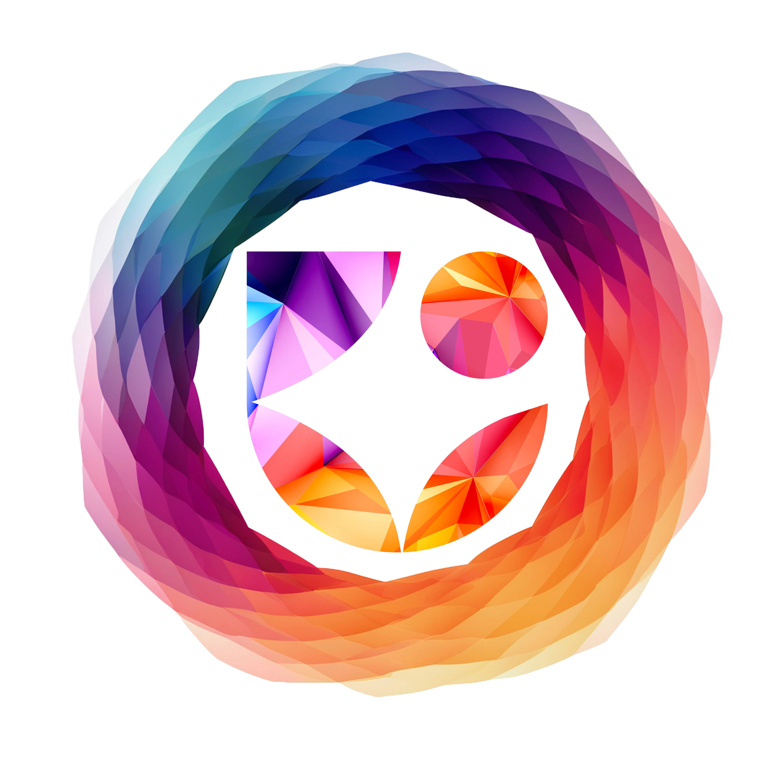 Colorful, abstract geometric logo featuring an artistic human figure within a circular, rainbow-colored ring.