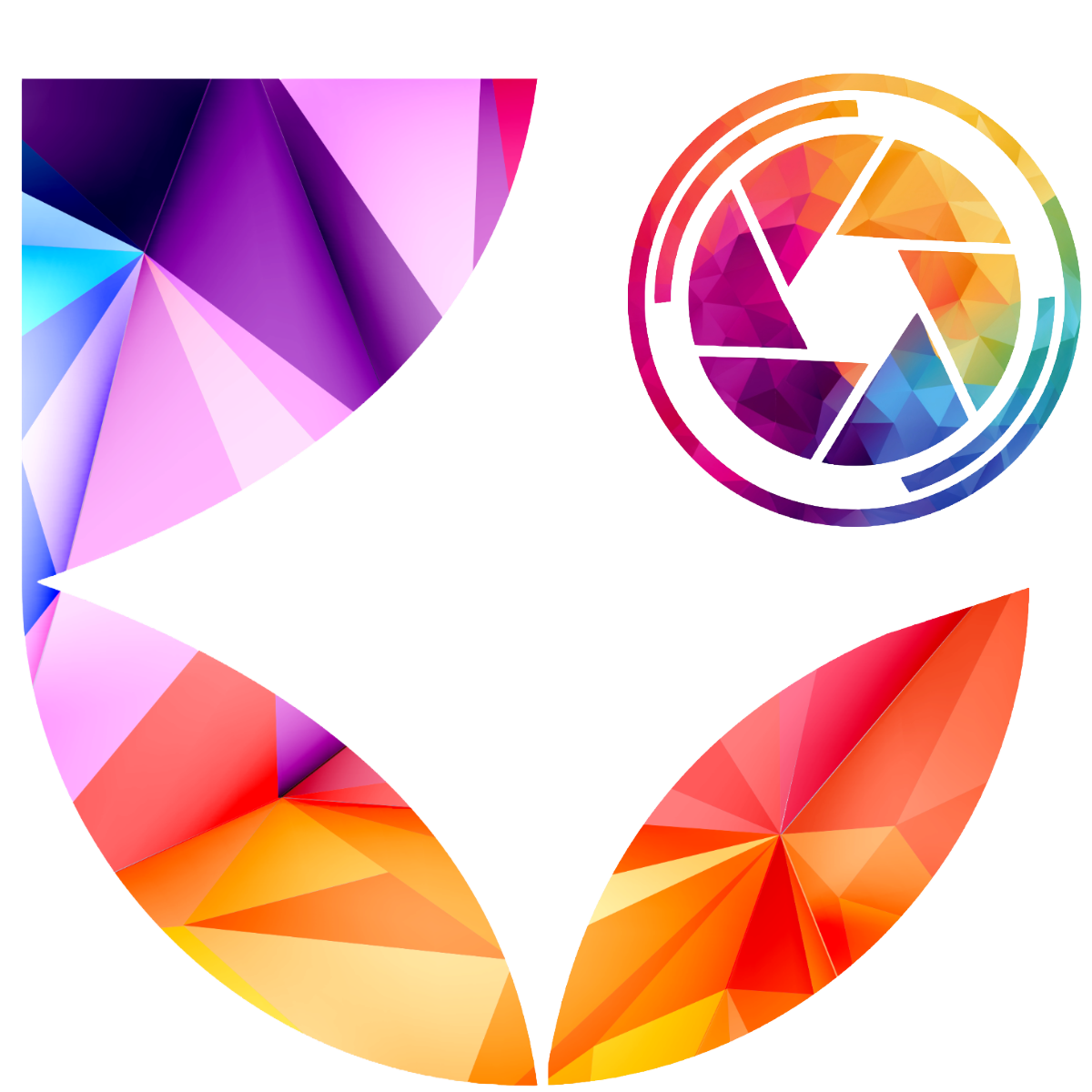 Colorful abstract geometric design with a circular arrangement of triangular shapes in purple, pink, orange, yellow, red, green, and blue, resembling a stylized eye.