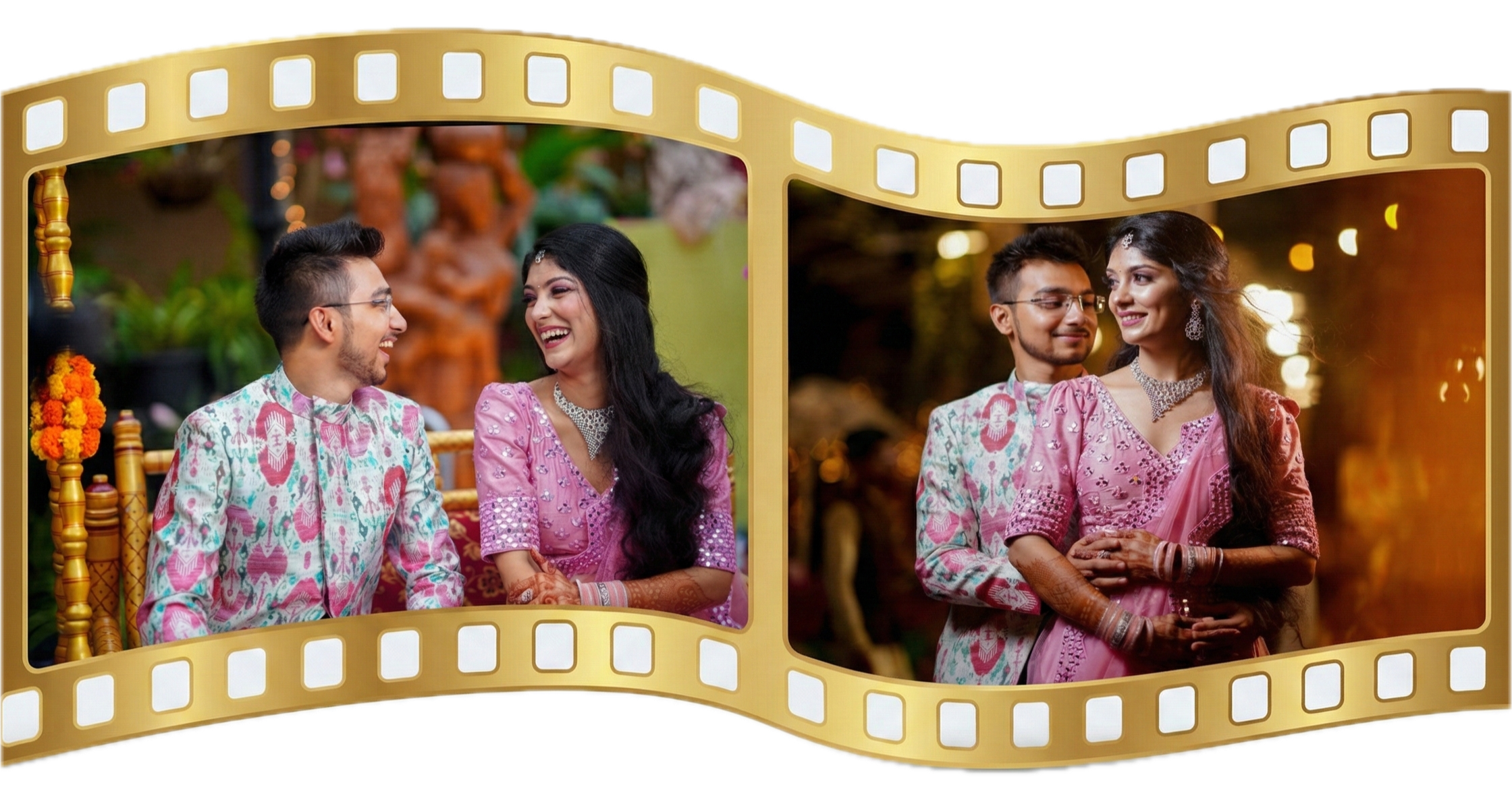 A split-screen photo of a couple at a wedding celebration. On the left, they are seated on a decorated chair, smiling and looking at each other, with the woman wearing a pink dress and jewelry, and the man in a patterned pink and blue kurta. On the right, the same couple is standing close, facing each other with the woman holding her hands together, both smiling, with evening lights in the background. The photo is framed by a gold film strip graphic.