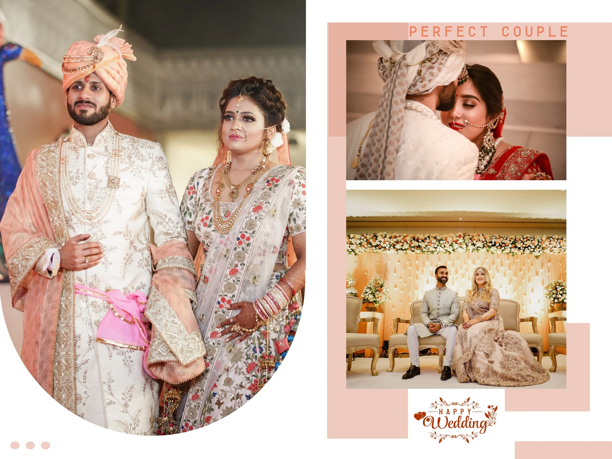 A collage of three wedding photographs featuring an Asian couple. The first photo shows the couple standing together, dressed in traditional wedding attire with intricate embroidery and jewelry. The second photo captures the couple close together, with their foreheads touching, symbolizing love. The third photo shows the couple sitting side by side on a decorated stage with floral arrangements, smiling at each other, with a