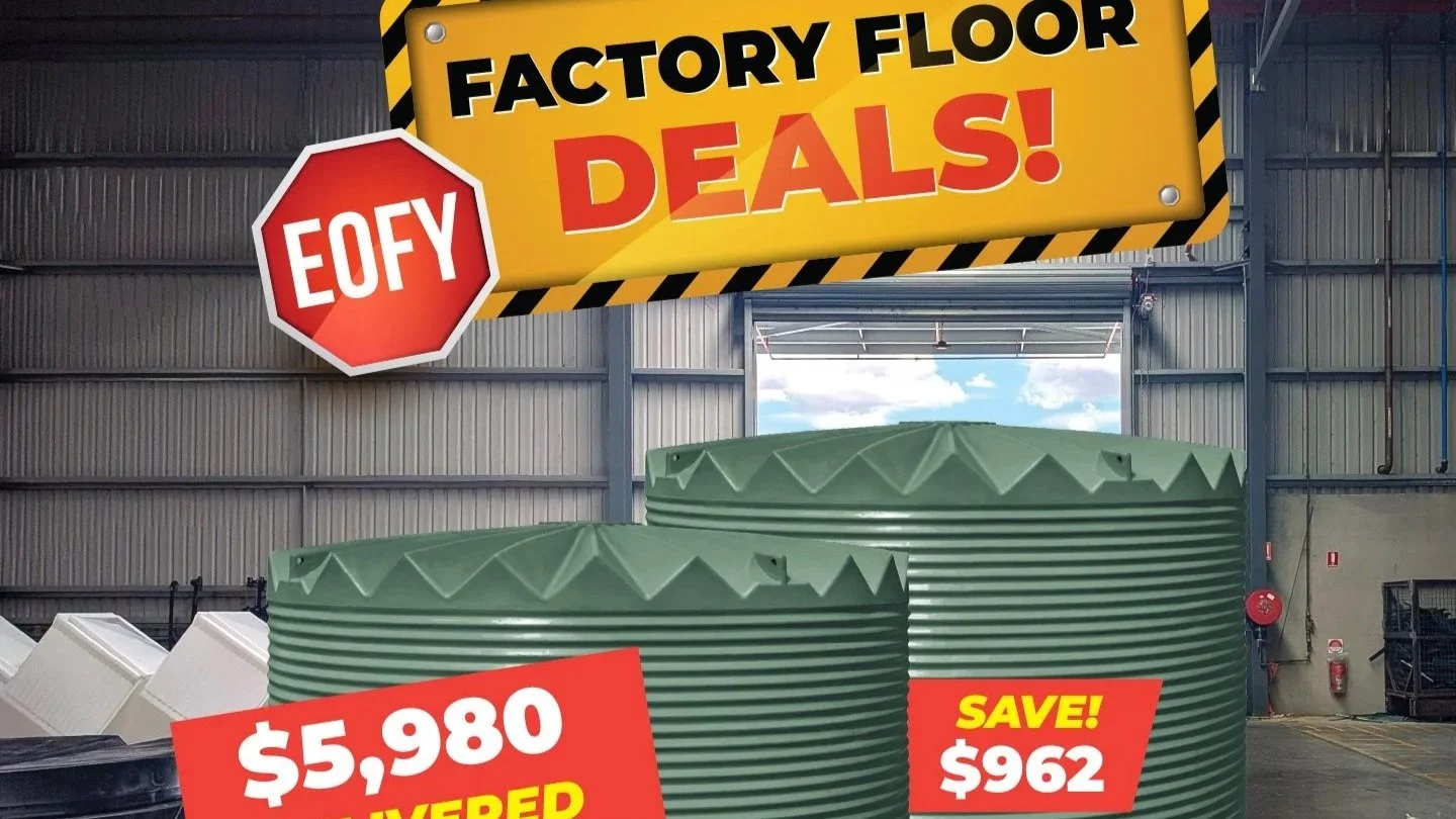 two poly water tanks in a factory setting promoting end of financial year deals