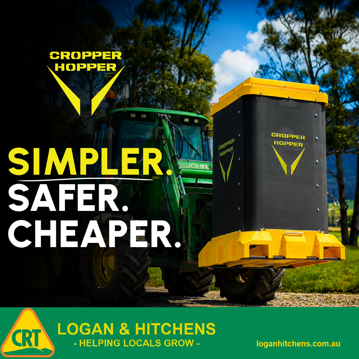 Tractor with Cropper Hopper bin mounted to front loader arms.