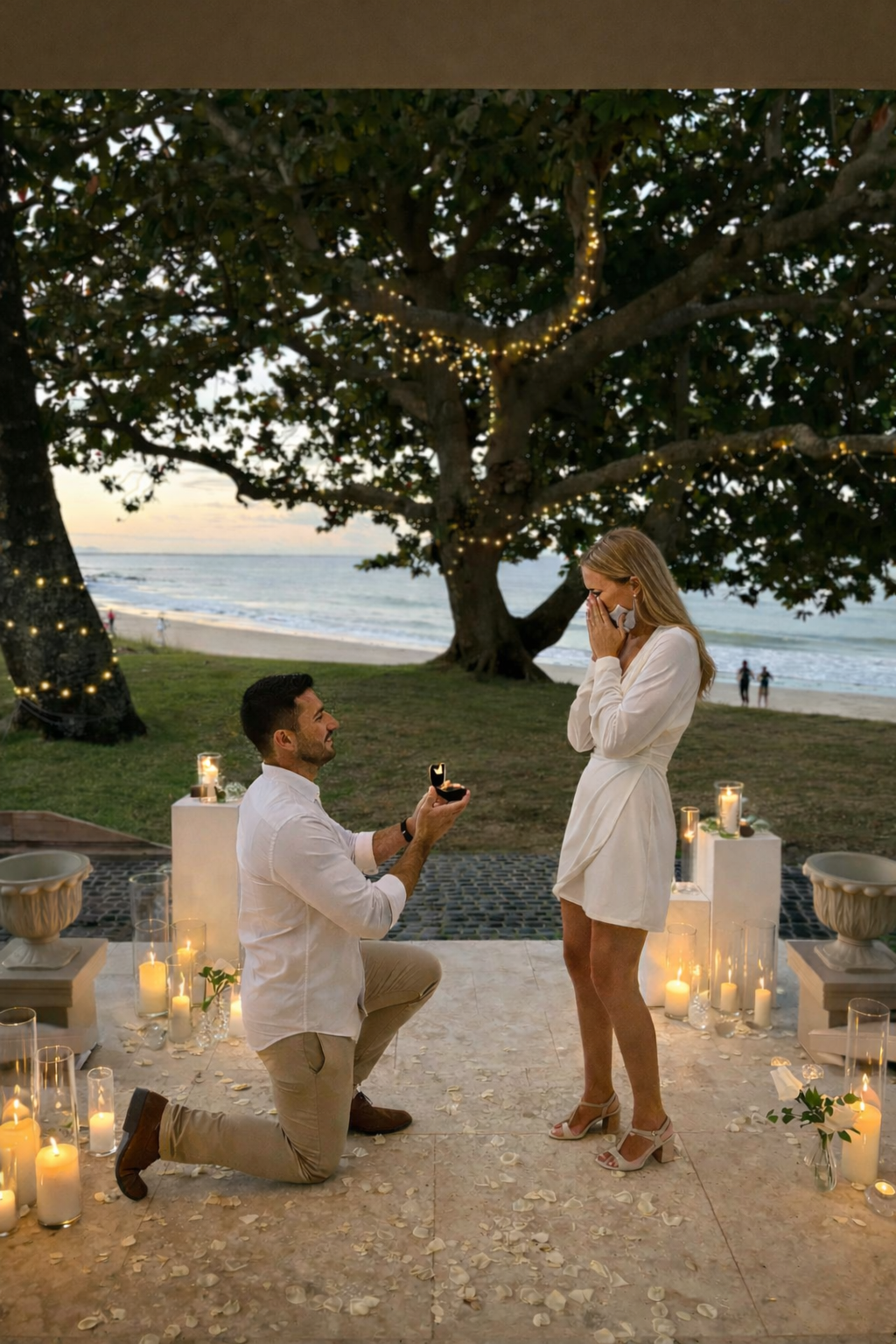 A wedding or proposal setup outdoors by a body of water, decorated with white flowers, candles, and a neon sign that says 'Will You Marry Me?' in front of a large tree.