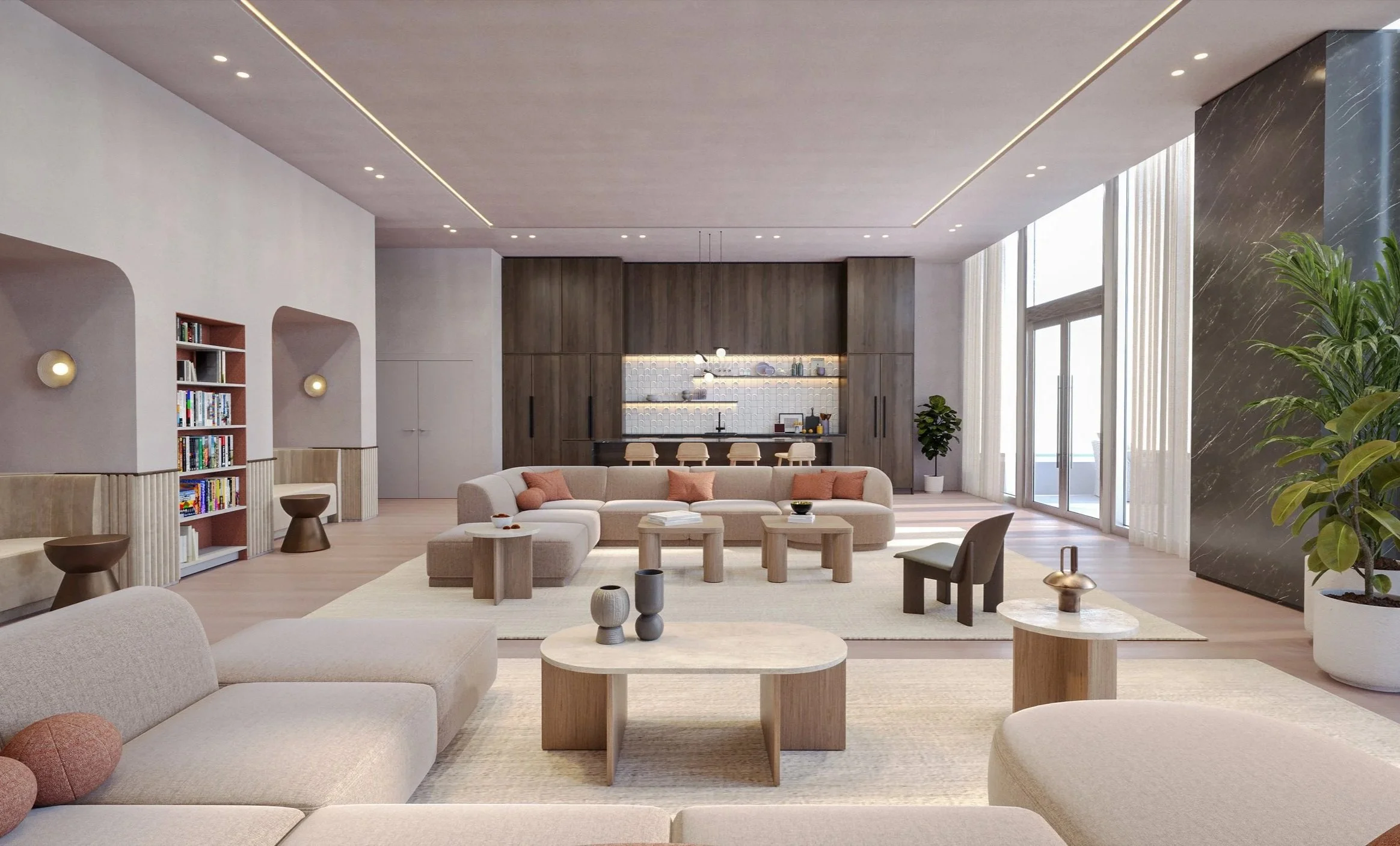 Modern living room with neutral-colored sofas, contemporary coffee tables, a built-in wooden kitchen with bar stools, large windows with curtains, and decorative plants.