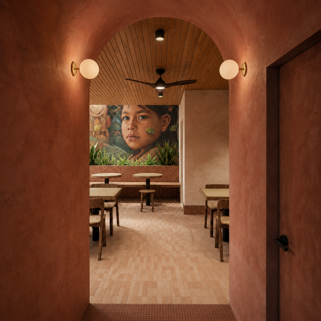 A cozy restaurant interior with pinkish walls, wooden tables and chairs, a mural of a young girl with a surrounding indigenous art scene, and greenery at the base of the mural.
