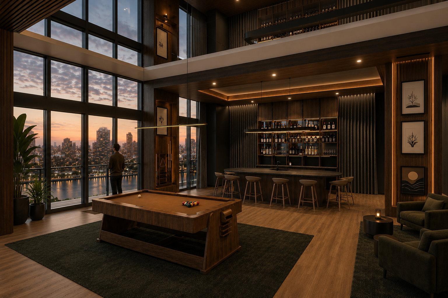 Modern bar lounge with large floor-to-ceiling windows overlooking a city skyline at sunset, featuring a pool table, a high counter with bar stools, and ambient lighting.