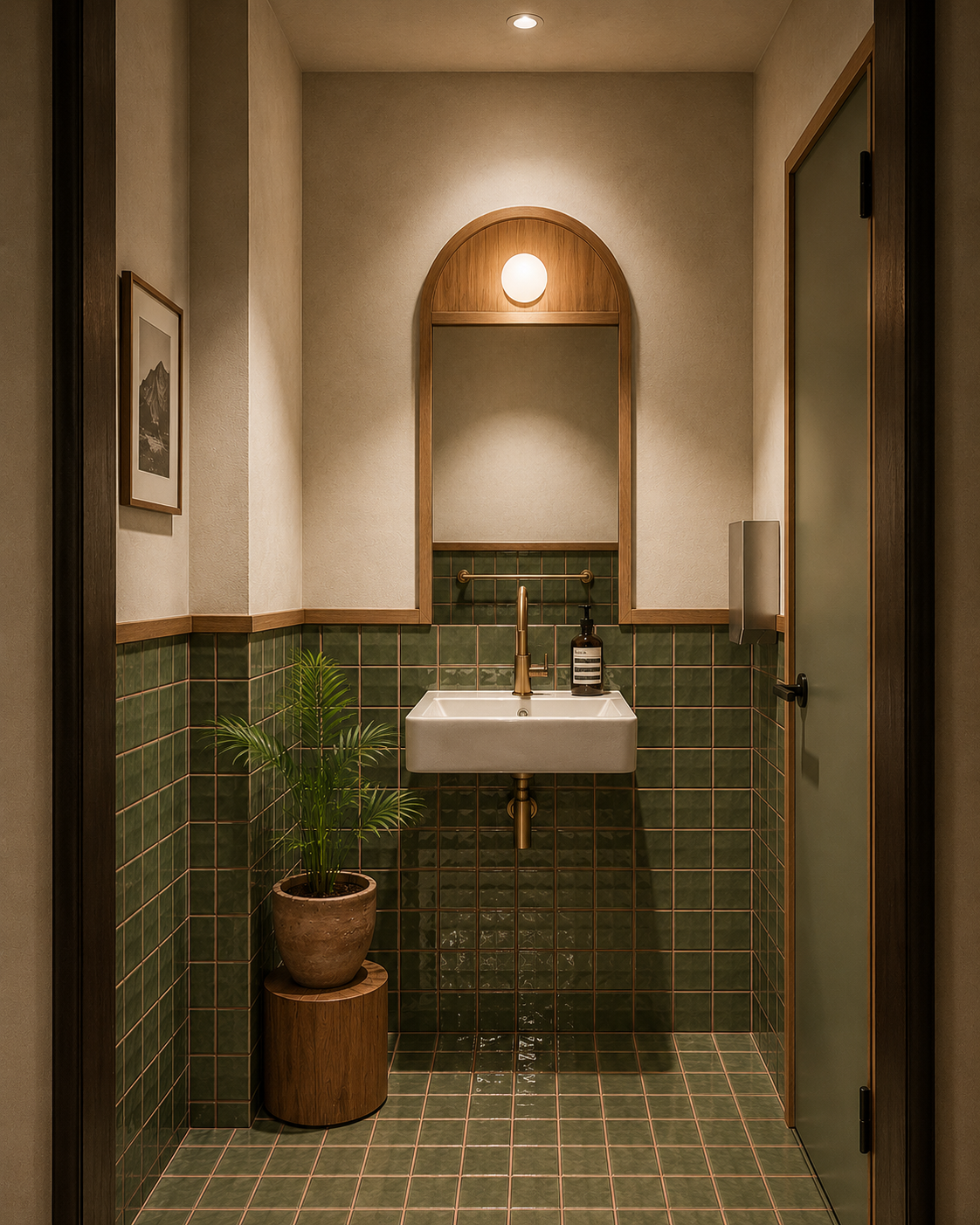 A small bathroom with green tiled walls and floor, a white sink with gold fixtures, a potted plant, a framed picture, a mirror, and warm lighting.