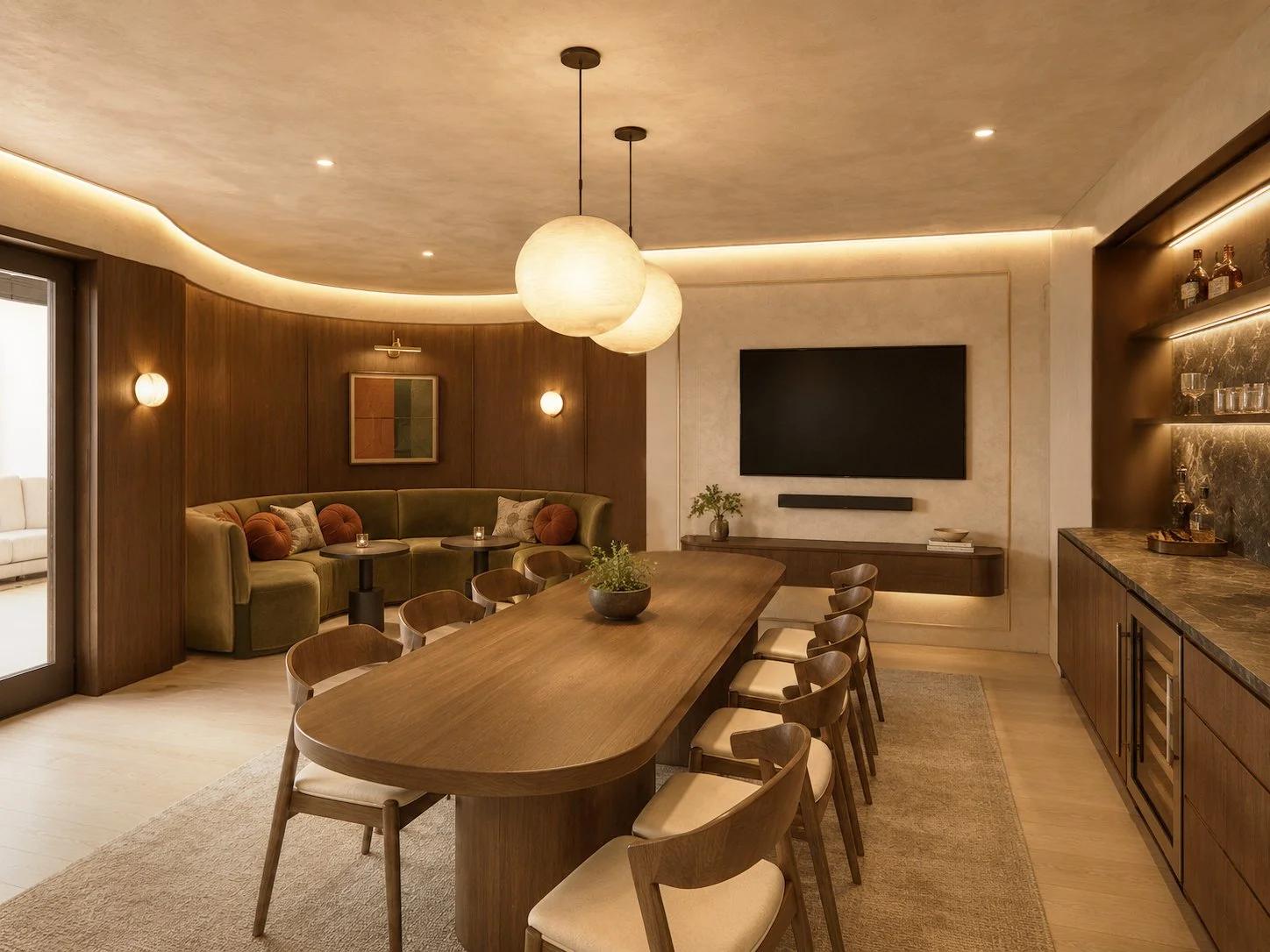 Modern dining room with a long wooden table, beige chairs, a wall-mounted TV, a bar area, and warm lighting.