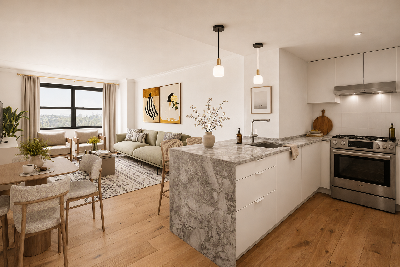 Open-concept living room and kitchen with light-colored furniture, wooden flooring, modern art, large window with curtains, and decorative plants.