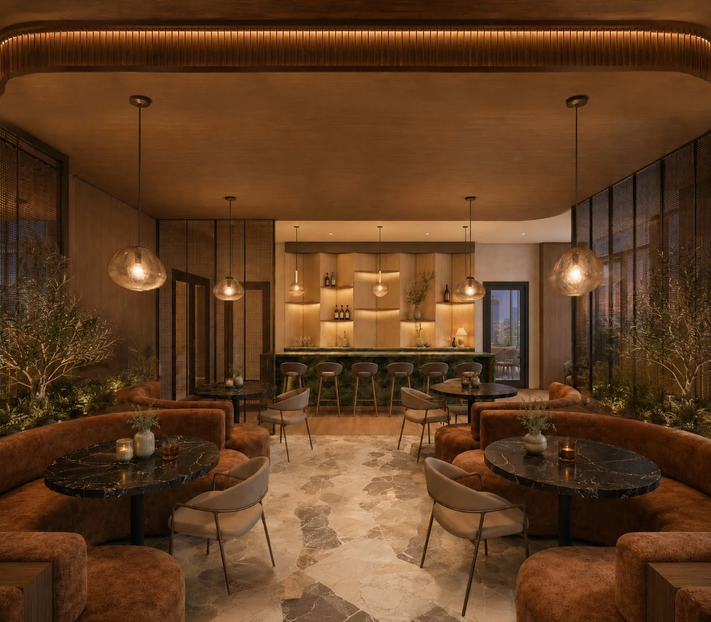 Elegant bar and lounge area with warm lighting, curved seating, marble tabletops, a bar with stools, and decorative plants.
