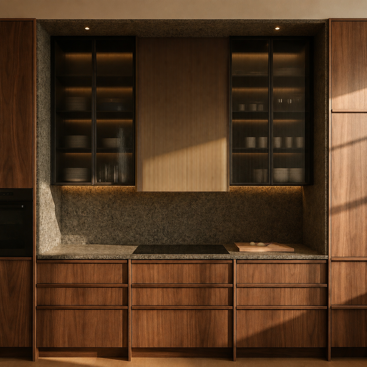 Modern kitchen with wooden cabinets, black glass-fronted shelves, and a black cooktop, illuminated by warm lighting.