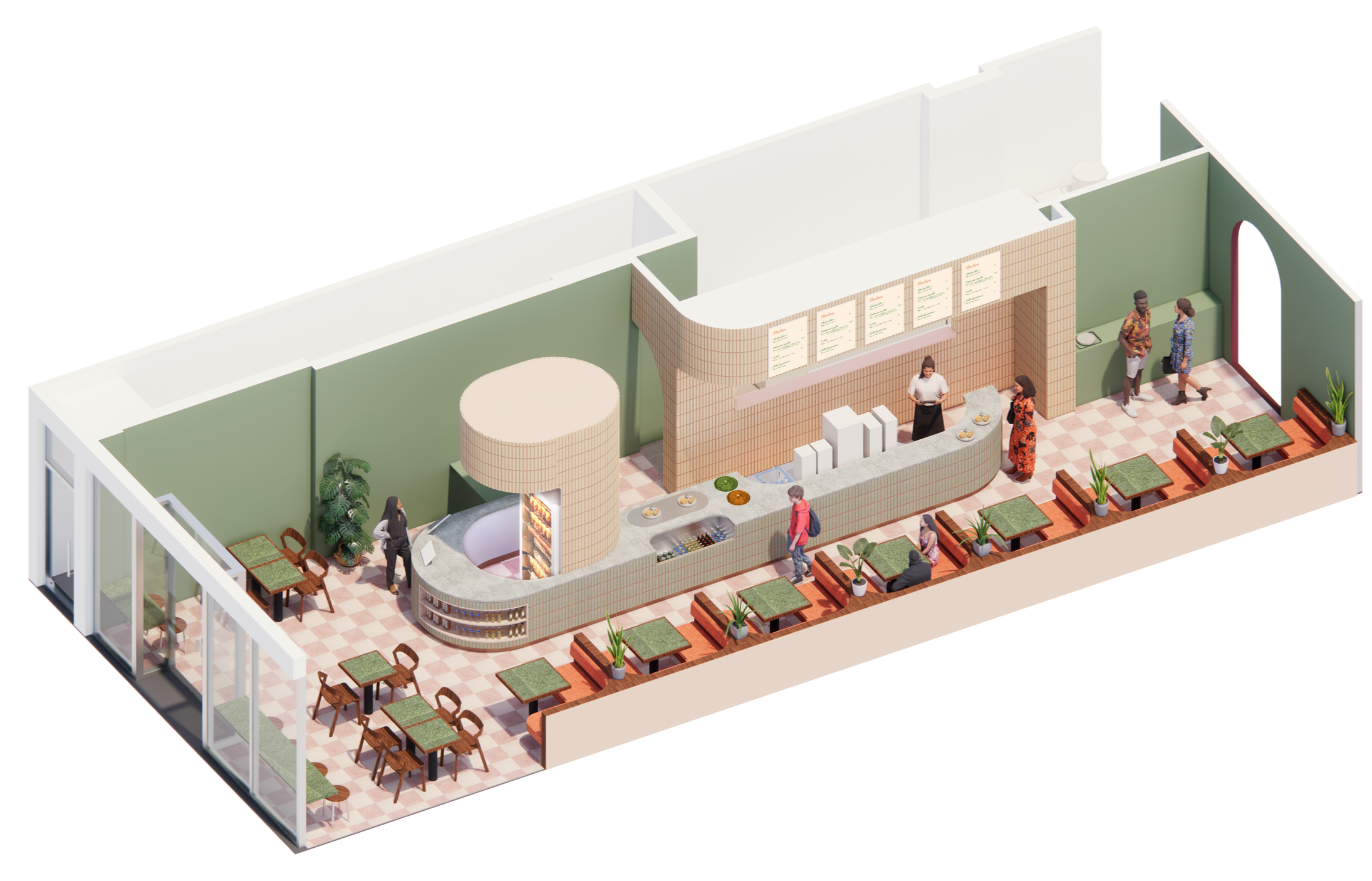 A 3D rendering of a modern indoor café and dining area with several tables, chairs, a curved counter, and a few customers interacting with staff. The interior has green walls, potted plants, and a checkered tile floor.