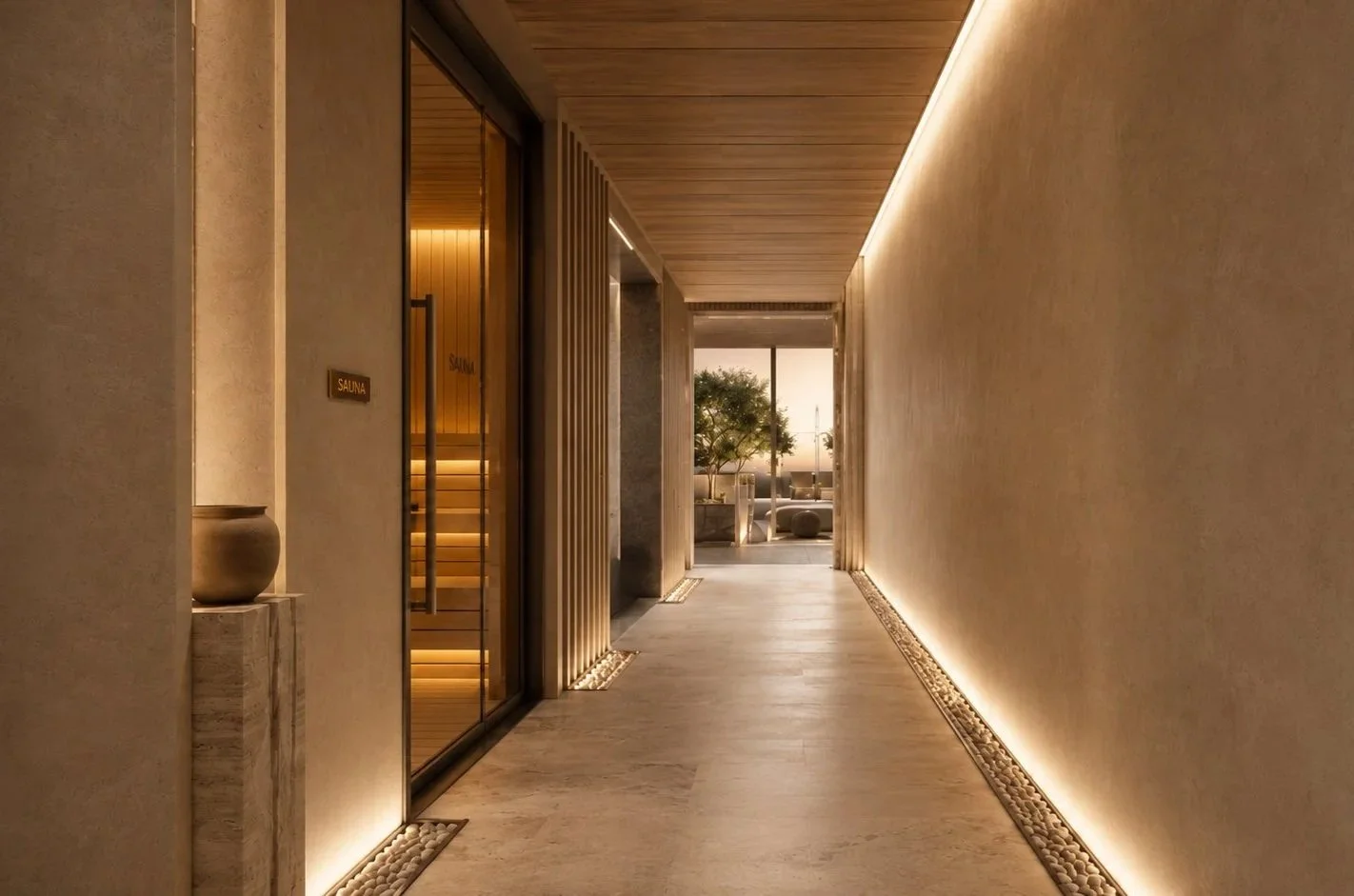 A modern hallway leading to an outdoor seating area at sunset, with warm lighting, neutral-colored walls, and wooden accents.