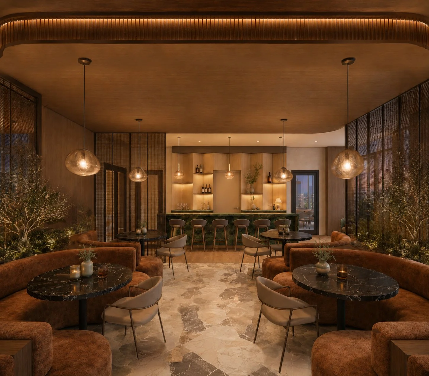 Elegant modern bar interior with a curved ceiling, warm lighting, marble flooring, plush brown seating, small tables, and a bar area with stools, decorative plants, and shelves with bottles.