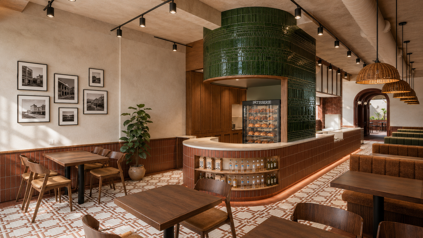 Interior of a modern cafe or bakery with wooden furniture, a green tiled curved counter, and framed black-and-white photos on the wall.