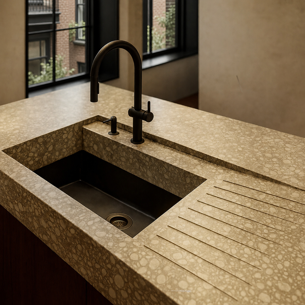 Kitchen sink with black faucet and textured cream-colored countertop, near a window with black frame.
