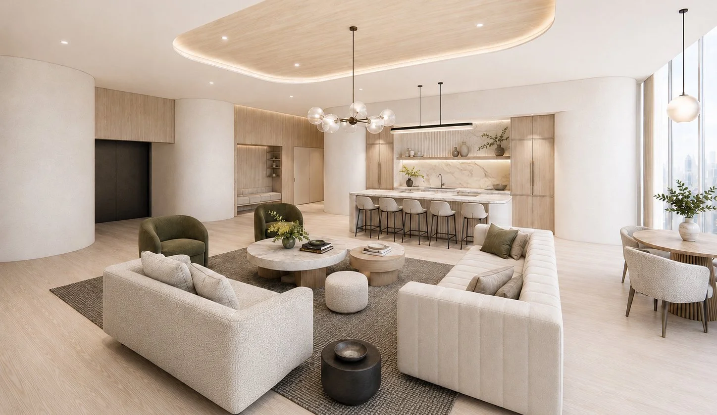 Modern living room with beige sofas, green armchairs, round coffee tables, a bar area with barstools, and large windows letting in natural light.