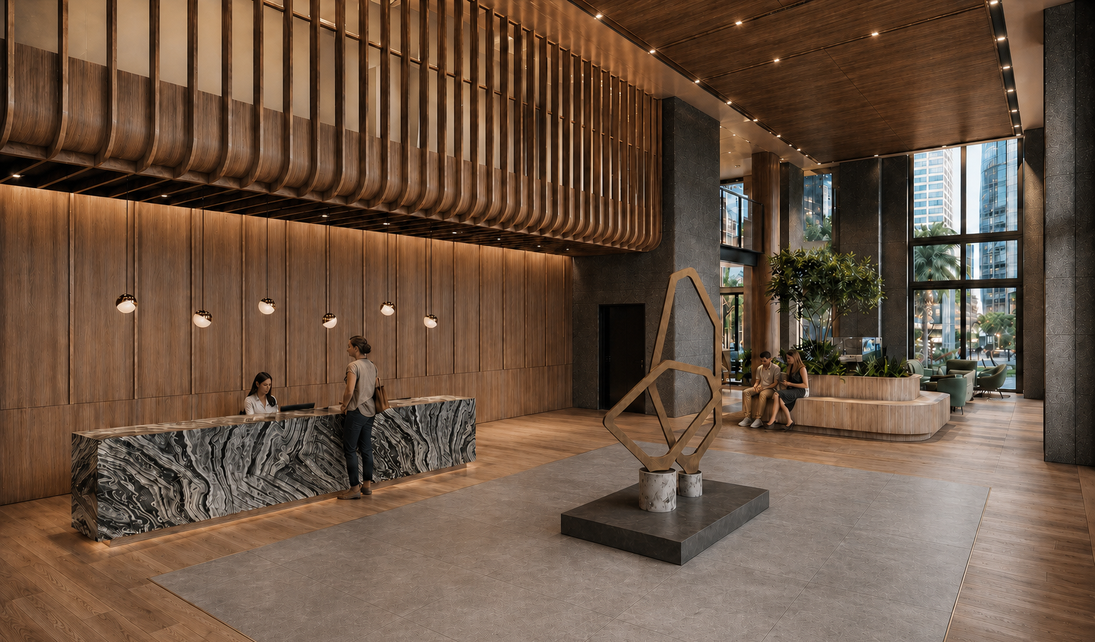 Modern hotel lobby with wooden accents, a marble reception desk, and a sitting area with green armchairs and large windows showing cityscape.